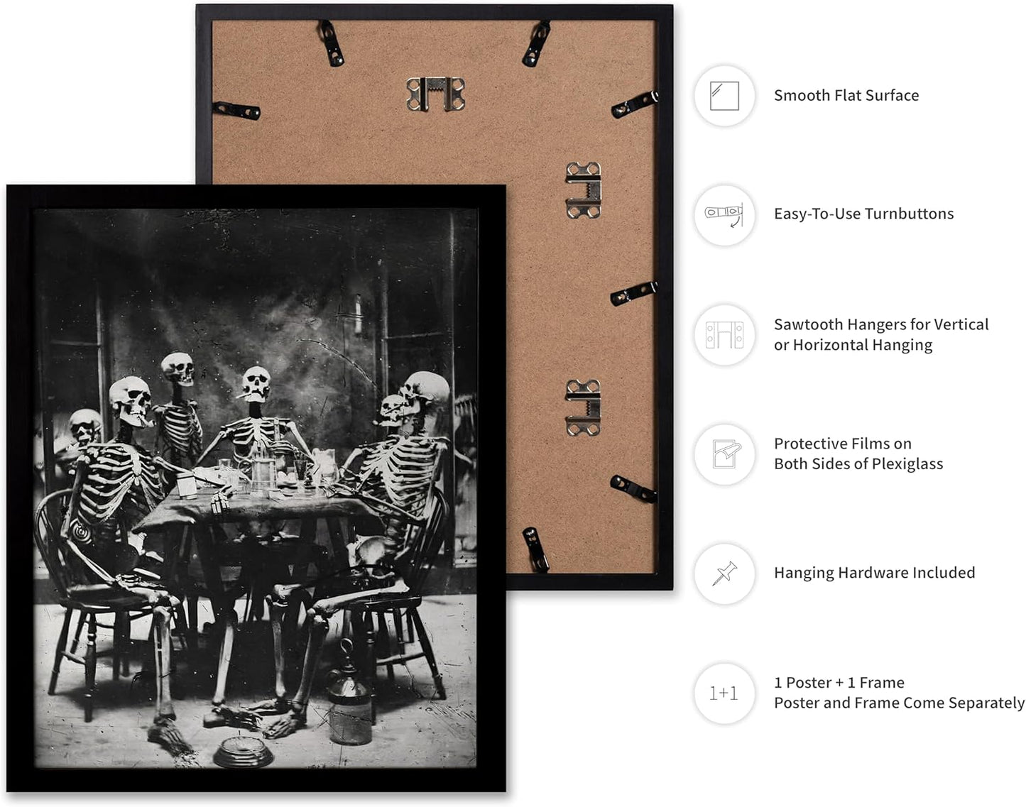 Poster Master Vintage Photograph Poster - Retro Daguerreotype Print - Gift for Artist, Friend - Skeletons Smoking at Table, Dinner Party, Goth - Wall Decor for Home, Dorm, 8x10 Black Framed