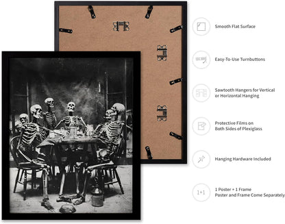 Poster Master Vintage Photograph Poster - Retro Daguerreotype Print - Gift for Artist, Friend - Skeletons Smoking at Table, Dinner Party, Goth - Wall Decor for Home, Dorm, 8x10 Black Framed