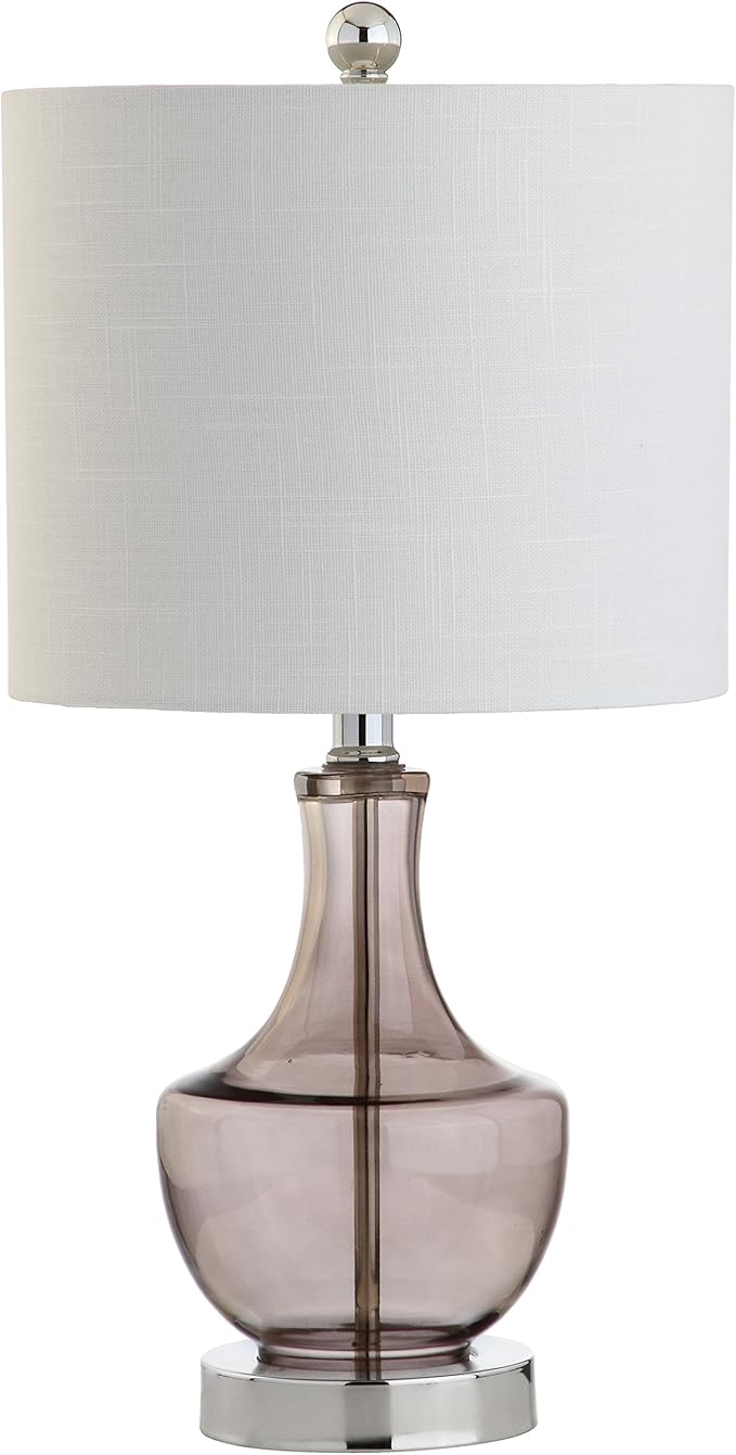 JONATHAN Y 20" Smoke Gray Glass Mini Table Lamp, Modern Bedside Lamp for Bedroom, White Linen Drum Shade, Teardrop Glass Base, LED Bulb Included, UL Listed (JYL1029D)