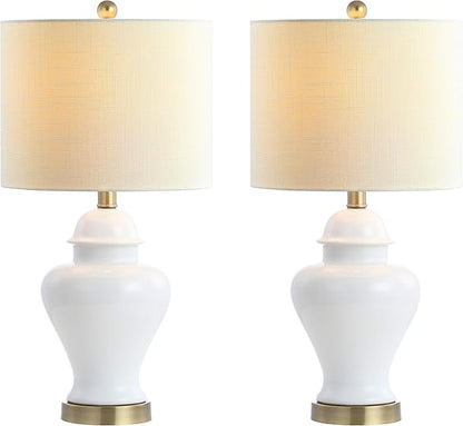 JONATHAN Y 22" White Ceramic Table Lamp Set of 2 for Bedroom Living Room, White Linen Shade, Traditional Ginger Jar Nightstand Lamp, Classic Cottage LED Lights (JYL6602C-SET2)