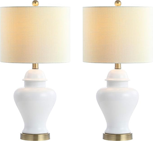 JONATHAN Y 22" White Ceramic Table Lamp Set of 2 for Bedroom Living Room, White Linen Shade, Traditional Ginger Jar Nightstand Lamp, Classic Cottage LED Lights (JYL6602C-SET2)