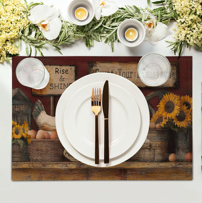 Farmhouse Rooster Placemats Set of 4 Farm Animal Chicken Place Mats 12x18 Inch Vintage Rustic Country Linen Table Mat Washable Non-Slip Placemat for Party Kitchen Dining Decor