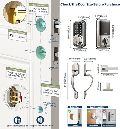 Veise VE06-H Smart Front Door Lock Set, App Control, Keyless Entry Deadbolt with Lever Handle, Electronic Digital Touchscreen Keypad, Auto Lock, Easy Install, Satin Nickel