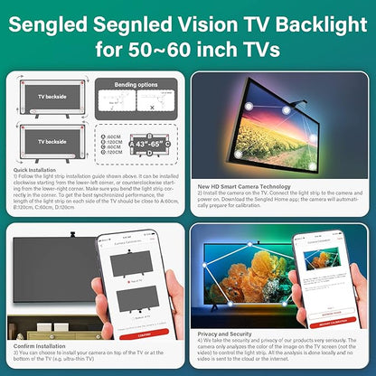 Sengled Ambient TV LED Backlights with Camera, Smart Strip Light for 50-60 inch TVs PC, (TV Sync Supports Off-line) WiFi RGB Lights, Works with Alexa & Google Assistant, App Control, Sengled Vision G2