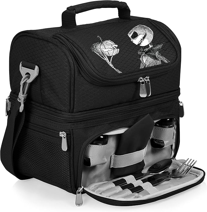 PICNIC TIME Disney Jack Skellington Pranzo Insulated Lunch Box, Soft Sided Cooler Lunch Bag with Utensil Set, Dual Compartment Lunchbox, (Black)