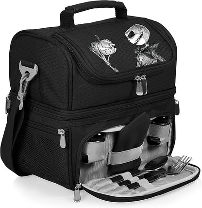 PICNIC TIME Disney Jack Skellington Pranzo Insulated Lunch Box, Soft Sided Cooler Lunch Bag with Utensil Set, Dual Compartment Lunchbox, (Black)