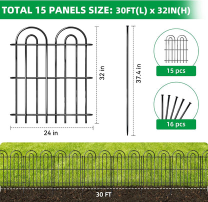 15 Panels Decorative Garden Fence, 32 in(H) X 30 ft(L) No Dig Dog Fence Outdoor for Yard, Rustproof Tall Metal Garden Fencing Animal Barrier with Ground Stakes, Temporary Fencing for Patio Outdoor