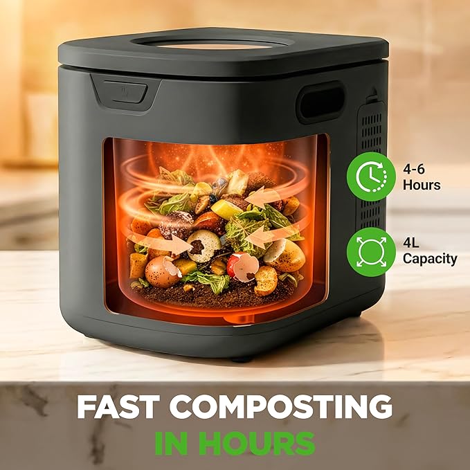 NutriChef 4 Quart Electric Kitchen Composter | Smart Countertop Composter Includes 2 Odorless Carbon Filters | Electric Compost Bin for Indoor Use | 3 Volume Based Modes Small, Medium & Large | Gray