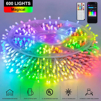 JMEXSUSS 600 LED RGB String Light Outdoor Indoor, Christmas Lights Outdoor Clear Wire Christmas Lights Plug in for Bedroom Tree Room Party Birthday Decorations