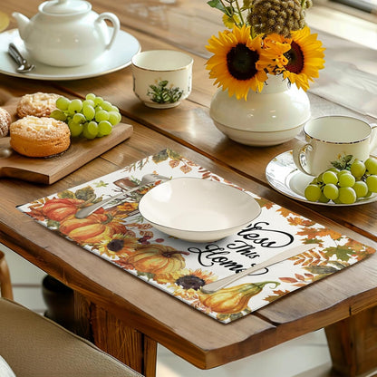 Fall Cross Pumpkin Placemats Set of 4 Autumn Thanksgiving Harvest Sunflower Maple Leaf Orange Linen Table Mats Seasonal Farmhouse Decorative Place Mat for Party Kitchen Dining Decor