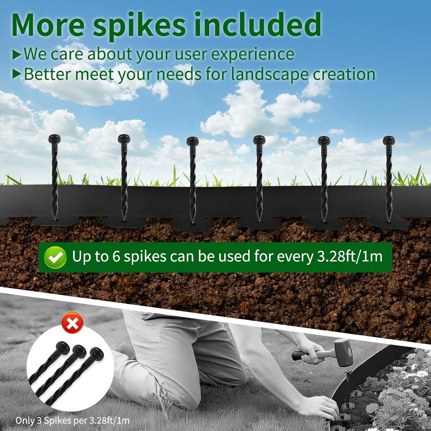 4 in x 164 Ft Garden Landscape Edging, No Dig Garden Edging Border Kit with 300 Pcs Spikes for Flower Bed Lawn Yard Grass Black