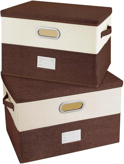 Large Linen Fabric Foldable Storage Bins with Removable Lid and Handles, Washable Storage Box Organizer Containers Baskets Cube with Cover for Bedroom,Office (Coffee&Cream, Medium(2-Pack))
