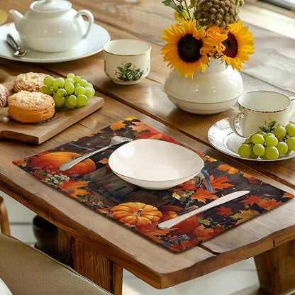 Pumpkin Maple Leaf Bird Fall Placemats Set of 4 Autumn Thanksgiving Seasonal Holiday Harvest Linen Table Mats Orange Brown Washable Place Mats for Party Kitchen Dining Outdoor Indoor Decor