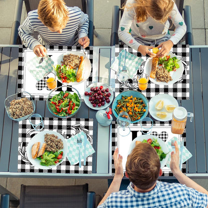 Love Family Placemats Set of 6 Buffalo Plaid Plastic Table Mats Black and White Plaid Place Mats Washable Vinyl Love Home Checkered Table Decoration for Indoor Outdoor Party Kitchen Dining