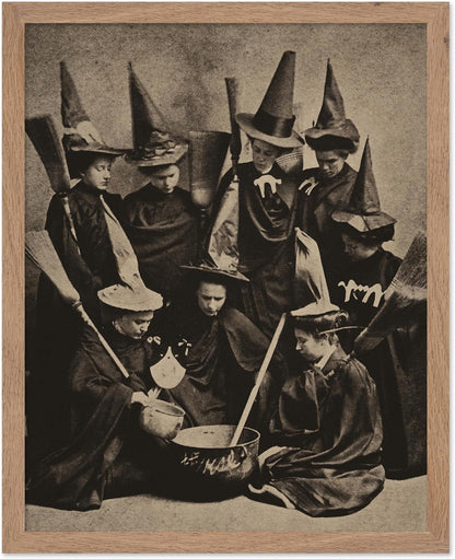 Poster Master Vintage Photograph Poster - Retro Halloween Print - Gift for Artist, Friend - Witches Cooking, Pointy Hats, Broomsticks, Black Magic - Wall Decor for Bedroom, 11x14 Beige Framed