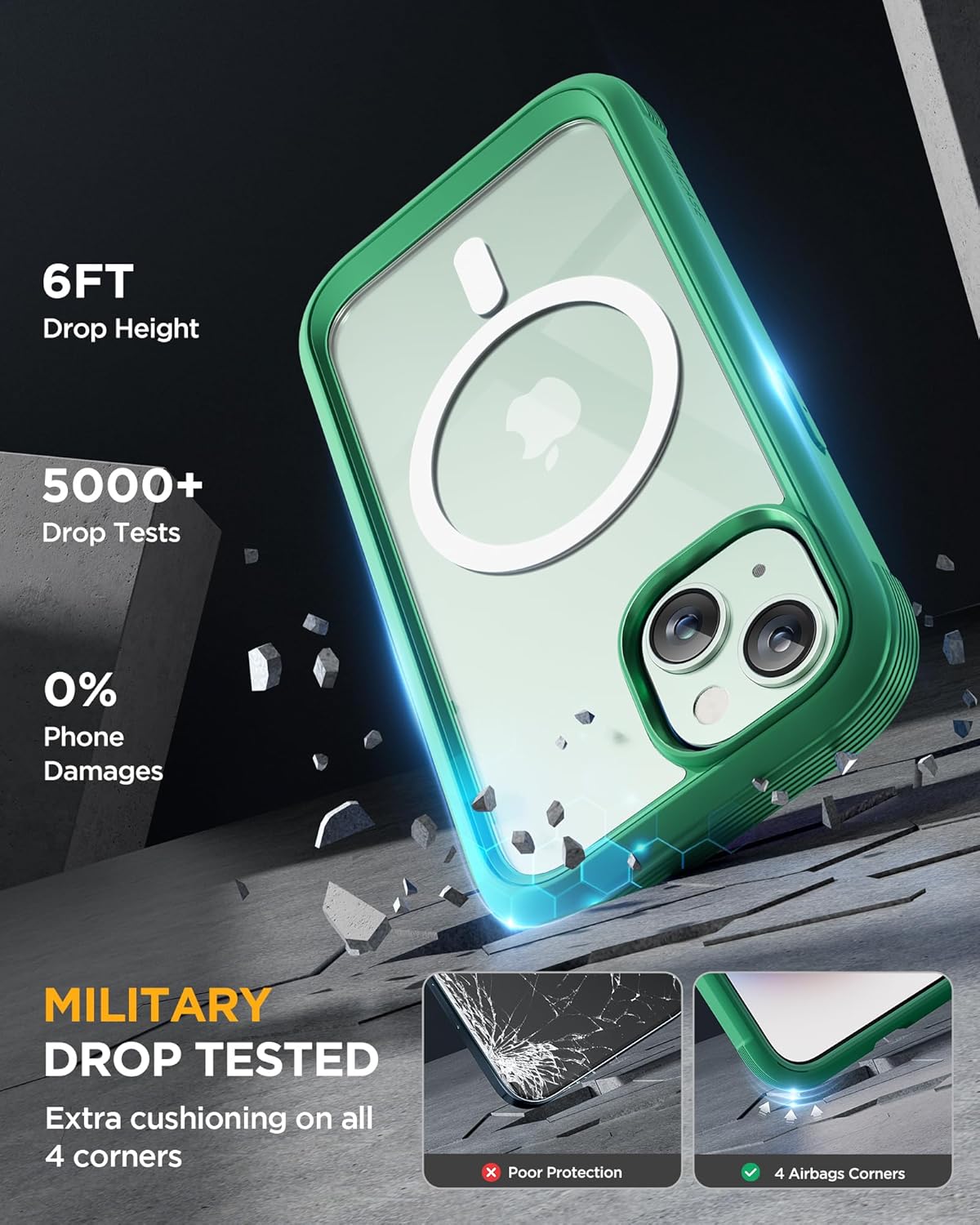 Miracase Magnetic for iPhone 15 Plus Case 6.7'' [Compatible with Magsafe] Full-Body Military Drop Proof 15 Plus Phone Case Cover with Built-in 9H Tempered Glass Screen Protector,Magnetic Green