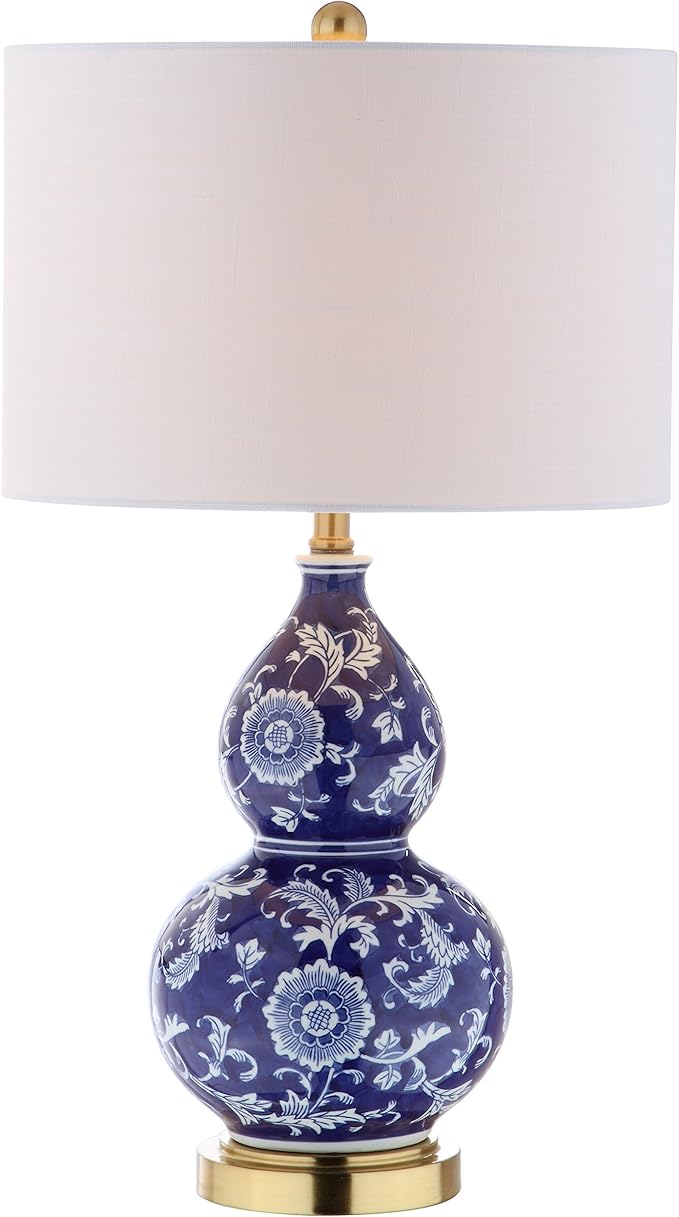 JONATHAN Y 27" Blue/White Ceramic Chinoiserie Table Lamp, Traditional Floral Double Gourd Vase Lamp with White Linen Drum Shade, Brass Gold Base, LED Bulb Included JYL3003A