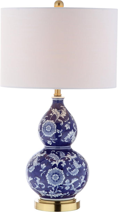 JONATHAN Y 27" Blue/White Ceramic Chinoiserie Table Lamp, Traditional Floral Double Gourd Vase Lamp with White Linen Drum Shade, Brass Gold Base, LED Bulb Included JYL3003A