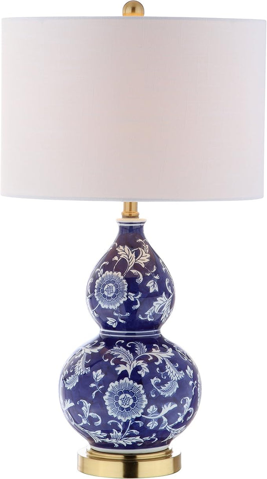 JONATHAN Y 27" Blue/White Ceramic Chinoiserie Table Lamp, Traditional Floral Double Gourd Vase Lamp with White Linen Drum Shade, Brass Gold Base, LED Bulb Included JYL3003A