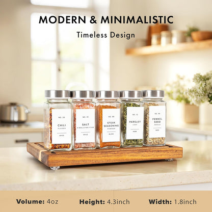 Glass Spice Jars with Label and Stainless Steel Lids (24 x 4oz) Spice Containers with 240 Labels, Shaker Inserts, Steel Funnel, Empty Square Empty Square Seasoning Organizer (White)