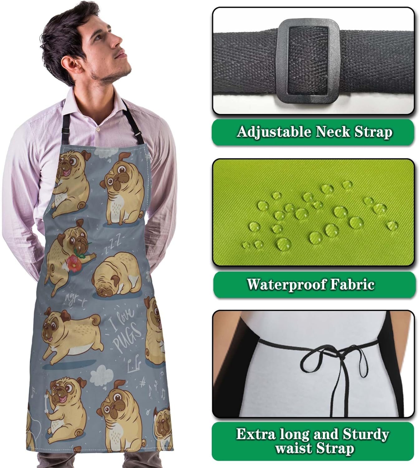 Paint Apron for Men Pug Puppies Dog Cartoon Bull Terrier Funny Aprons for Women for Kitchen Cooking Restaurant BBQ Painting Crafting Gardening 27” (W) x 31” (H), Waterproof Aprons