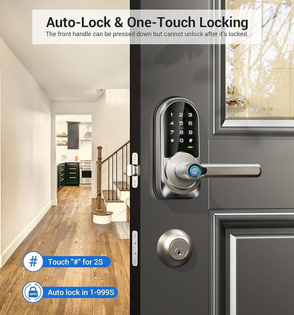 Veise RZ09 Smart Lock, 7-in-1 Keyless Entry with Handle Set, APP Control Fingerprint Deadbolt for Front Door, Electronic Digital Locks with Keypad, Satin Nickel