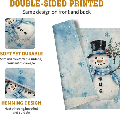 Blue Snowman Snowflake Winter Placemats Set of 4 Seasonal Christmas Linen Table Mats 12x18 Inch Xmas Holiday Snow Farmhouse Rustic Washable Place Mats for Party Kitchen Dining Outdoor Indoor Decor