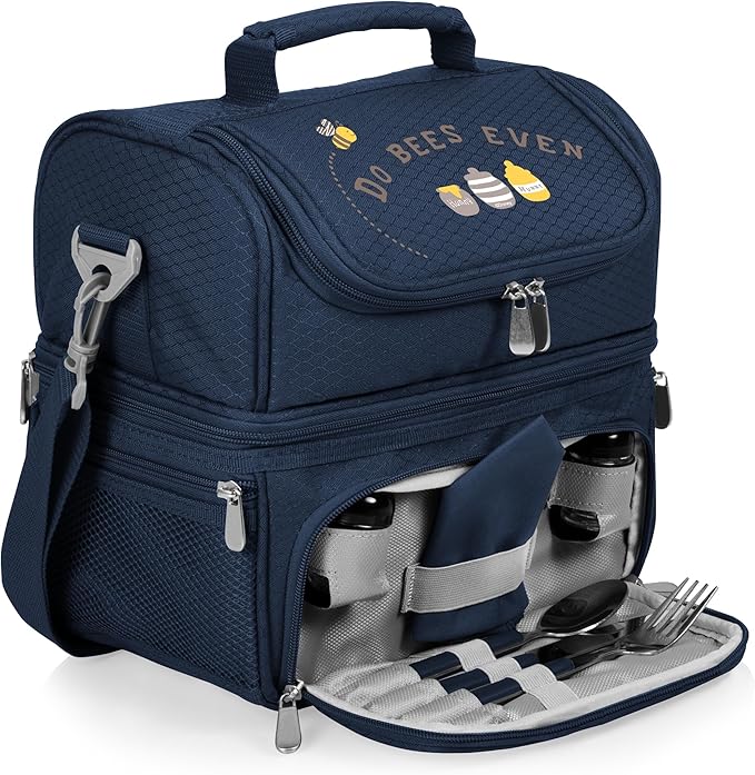 PICNIC TIME Disney Winnie the Pooh Pranzo Insulated Lunch Box, Soft Sided Lunch Bag with Picnic Set, Dual Compartment Cooler Lunch Box, (Navy Blue)