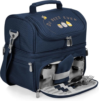 PICNIC TIME Disney Winnie the Pooh Pranzo Insulated Lunch Box, Soft Sided Lunch Bag with Picnic Set, Dual Compartment Cooler Lunch Box, (Navy Blue)