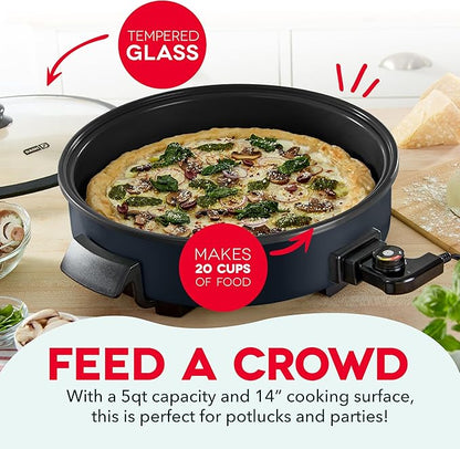 Dash Family Size Skillet - Electric Skillet for Multi-Purpose Cooking - Nonstick Cooking Surface - Tempered Glass Lid & Cool-Touch Handles - 6-Quart Capacity, Makes 24 Cups - 14", Black