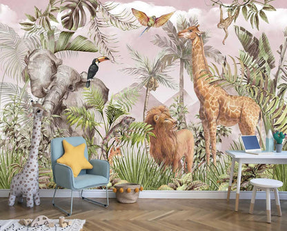 Watercolor Paintings Tropical Jungle Animals Safari Elephants Giraffes Lions Parrots Palm Leaves Hand-Painted Art Wallpaper Suitable for Children's Room Decoration Mural（Not Peel and Stick）
