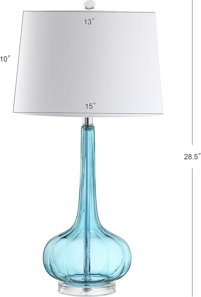 JONATHAN Y 28.5" Aqua Glass Teardrop LED Table Lamp Set of 2 for Living Room Bedroom Nightstand, White Linen Shade Modern Transitional Bedside Desk Lamp (JYL1079B-SET2)