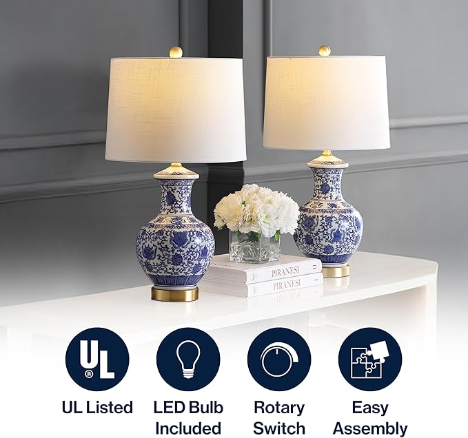 JONATHAN Y 25.25" Blue/White Ceramic Ginger Jar Table Lamp Set of 2, Traditional Brass Gold Base for Living Room Bedroom, White Linen Drum Shade, LED Bulbs Included JYL1072A-SET2