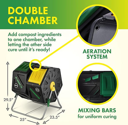 Miracle-Gro Dual Chamber Compost Tumbler – Easy-Turn, Heavy-Duty Outdoor Bin Composter with 2 Sliding Doors (2x18.5 Gal/70L