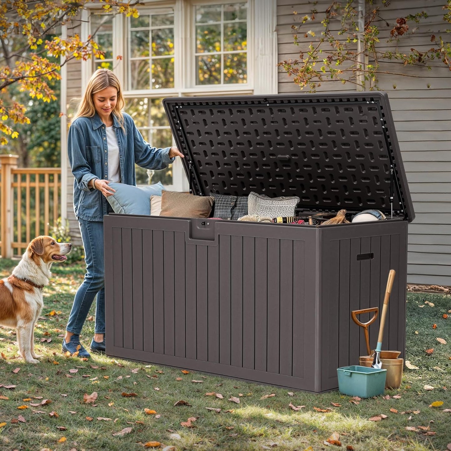 YITAHOME 200 Gallon Extra Large Deck Box, Double-Wall Resin Outdoor Storage Box with Flexible Divider for Patio Cushions Pool Supplies Garden Tools, 990 lbs Load Capacity, Lockable (Brown)