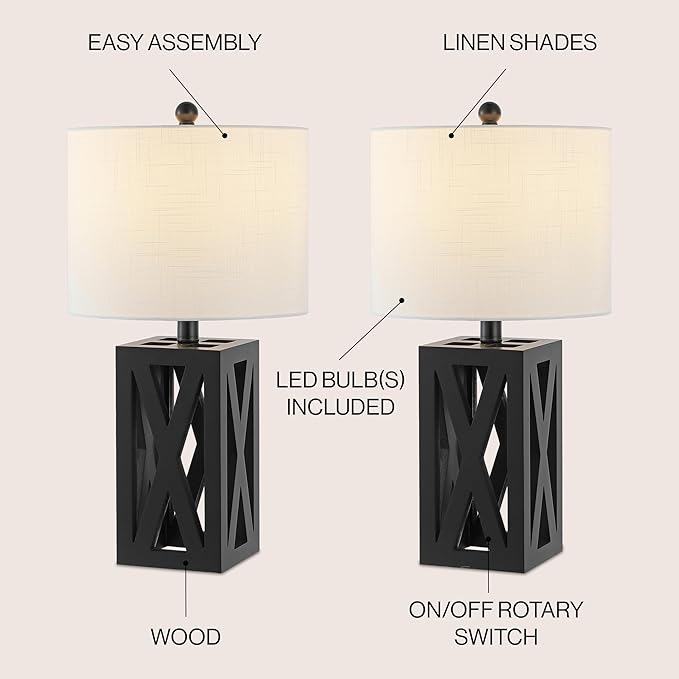 JONATHAN Y 21.5" Black Farmhouse Wood Table Lamp for Bedside and Living Room, White Linen Drum Shade, Rustic Modern Desk Lamp for Bedroom, LED Bulb Included (JYL1062C-SET2)