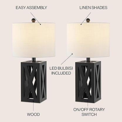 JONATHAN Y 21.5" Black Farmhouse Wood Table Lamp for Bedside and Living Room, White Linen Drum Shade, Rustic Modern Desk Lamp for Bedroom, LED Bulb Included (JYL1062C-SET2)