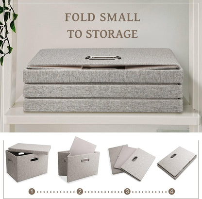 Medium 15" 21 Quart Collapsible Stackable Storage Bins with Lids, 1 Pack Beige Foldable Fabric Closet Storage Boxes with Lids, Heavy-duty Linen Baskets for Bedroom