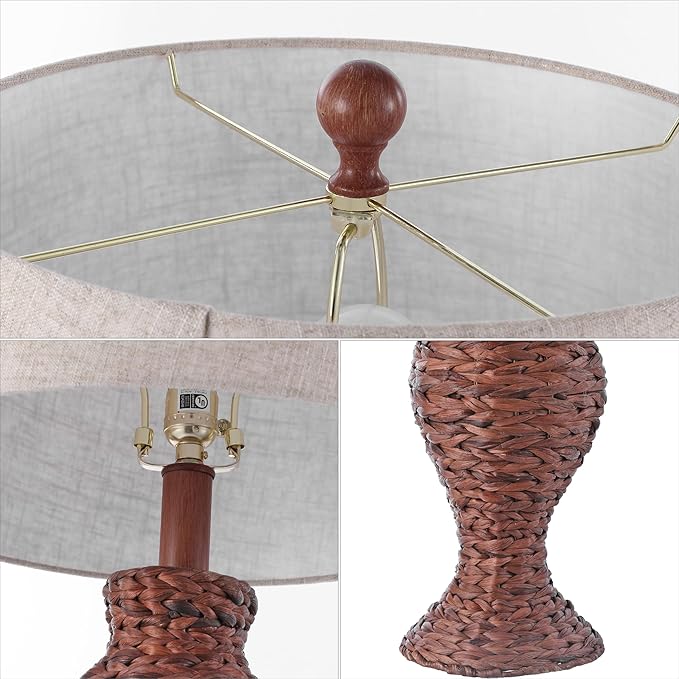 JONATHAN Y 31" Dark Brown Woven Water Hyacinth Table Lamp for Living Room, Coastal Farmhouse Urn Bedside Lamp with Gray Linen Drum Shade, LED Bulb Included (JYL1015B)
