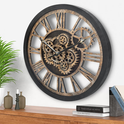 HOIBAI Wall Clock, Large Wall Clocks for Living Room Decor 18 Inch Battery Operated Silent Non-Ticking Modern Farmhouse Vintage Roman Big Wall Clock for Home Bedroom House, Moving Gears Clock