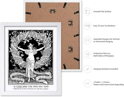 Poster Master Vintage Walter Crane Poster - Retro A Garland for May Day Print - Socialist Art - Gift for Him, Her, Men, Women - Wall Decor for Home, Office, Living Room, 8x10 White Framed