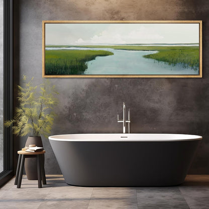 MUDECOR Large Framed Canvas Print Wall Art Serene Marshland Landscape Green and Blue Peaceful Illustrations Antique Retro Fine Art Illustrations Decorative Colorful for Bedroom - 60"x20"