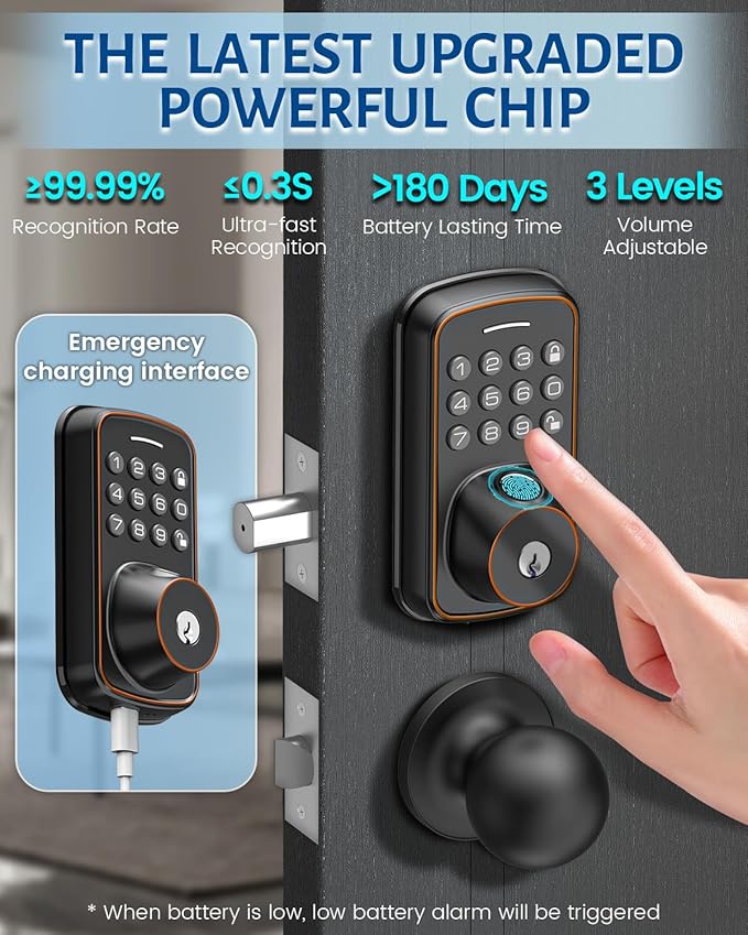 Keyless Entry Door Lock with Handle Set, Smart Door Lock with Fingerprint, 5 in 1 Unlock, Auto Lock Biometric Fingerprint Door Lock for Front Door, Easy Installation (Gold Black)