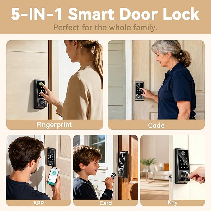 IRONZON Smart Door Lock, APP Control Deadbolt Lock with Gateway, Fingerprint Door Lock for Front Door, 5-in-1 Keyless Entry Door Lock, Touchscreen Keypad, 4 IC Cards, Auto Lock, Easy DIY Installation