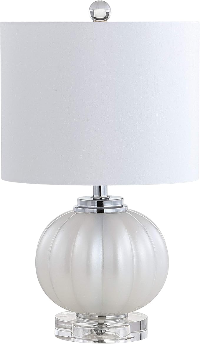 JONATHAN Y 17.5" White/Chrome Glass Table Lamp, Modern Crystal Bedside Lamp for Bedroom Living Room Nightstand, Glam Ribbed Accent Lamp, White Faux Silk Shade, LED Bulb JYL2076A