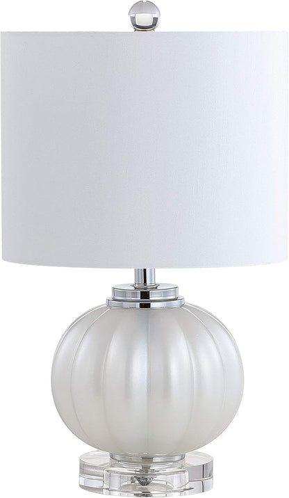 JONATHAN Y 17.5" White/Chrome Glass Table Lamp, Modern Crystal Bedside Lamp for Bedroom Living Room Nightstand, Glam Ribbed Accent Lamp, White Faux Silk Shade, LED Bulb JYL2076A