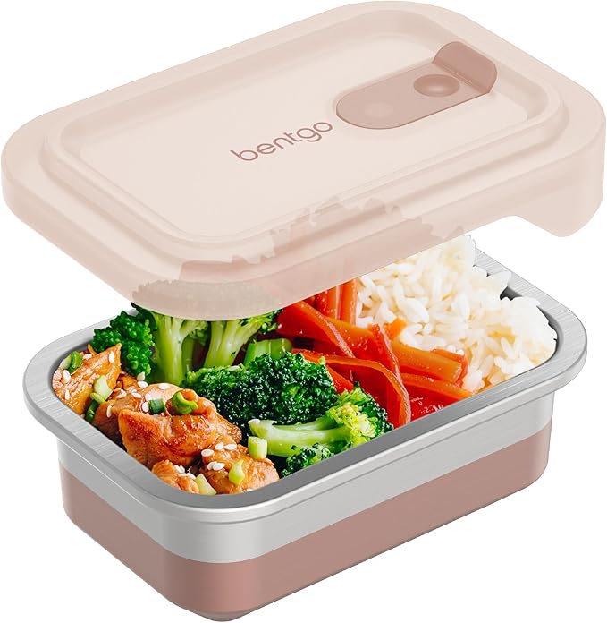 Bentgo MicroSteel Heat & Eat Container – Microwave-Safe, Leak-Proof & Airtight, Easy-to-Clean Lightweight Stainless Steel Reusable Food Storage with Silicone Lid (Snack Size; 2-Cup Capacity; Rose)