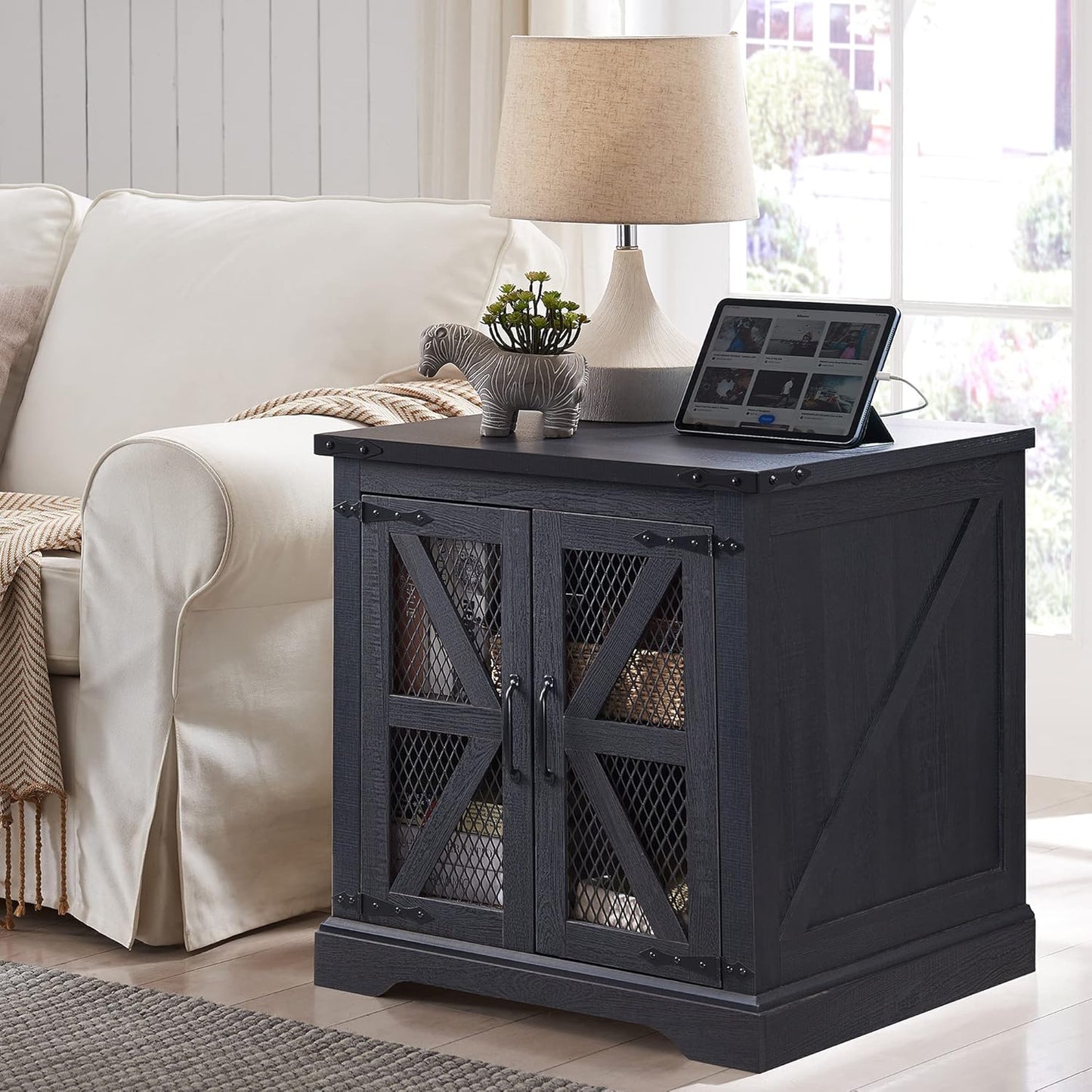 JXQTLINGMU Farmhouse End Table, 24" Large Sofa Side Table with Charging Station, Mesh Barn Door, and Adjustable Storage Shelf, Rustic Wood Square Nightstand for Living Room, Bedroom, Office, Black