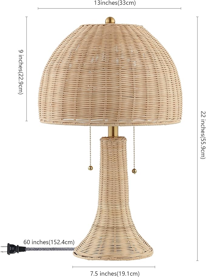 JONATHAN Y 22" Natural/Brass Gold Bohemian Rustic LED Table Lamp for Bedroom, Natural Rattan Shade, Farmhouse Coastal Nightstand Lamp for Living Room, LED Bulbs Included JYL4040A