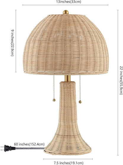 JONATHAN Y 22" Natural/Brass Gold Bohemian Rustic LED Table Lamp for Bedroom, Natural Rattan Shade, Farmhouse Coastal Nightstand Lamp for Living Room, LED Bulbs Included JYL4040A